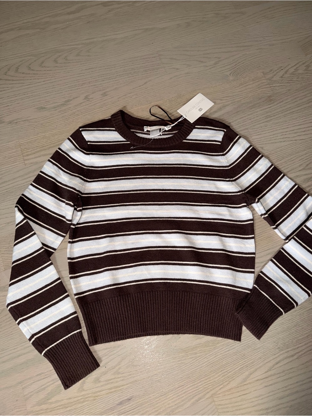 Caroline Constas Brown and White Striped Crewneck Sweater